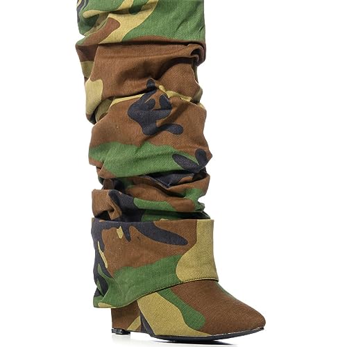 Yishaweiqi Slouched Ruched Fold Over Boots for Women Covered Wedge Heel Patent Leather Knee High Boots Wide Calf Pointed Toe Casual Boots - color: Camouflage, size: 8