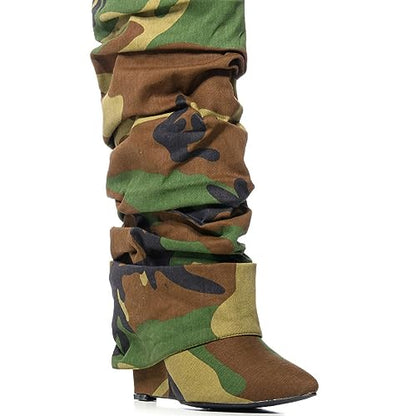 Yishaweiqi Slouched Ruched Fold Over Boots for Women Covered Wedge Heel Patent Leather Knee High Boots Wide Calf Pointed Toe Casual Boots - color: Camouflage, size: 9