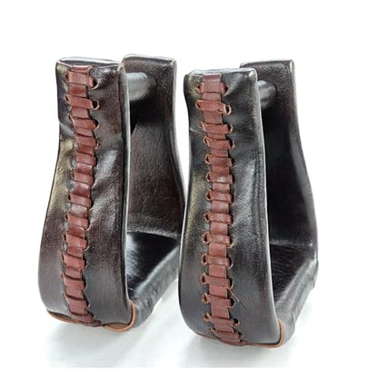 Western Leather Horse Riding Stirrups – Handcrafted Leather Covered Stirrups Pair with Braided Design Equestrian Saddle Stirrup for Riding & Training