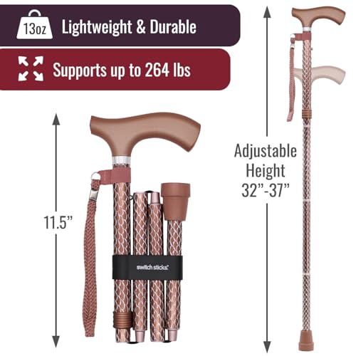 Switch Sticks Folding Walking Cane For Women & Men - color: Engraved Rose Gold