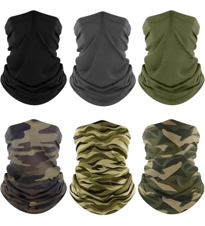 Fuinloth Neck Gaiter, 6 Pack Cooling UV Protection Bandana Face Mask Gator - color: Black+gray+green+camo+swell Green+square Camo