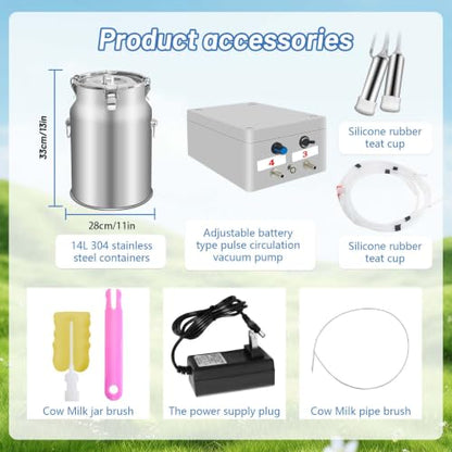 Cow Milking Machine, 14 L Milker Machine, Rechargeable Cow Milker Machine with Portable Vacuum Pump, Check Valve Design with Food-Grade Silicone Hose