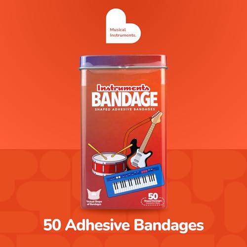 BioSwiss Bandages, Musical Instruments Shaped Self Adhesive Bandage Set, Latex Free, Sterile Wound Care, 50 Count - color: Musical Instruments, size: 50-Count Tin