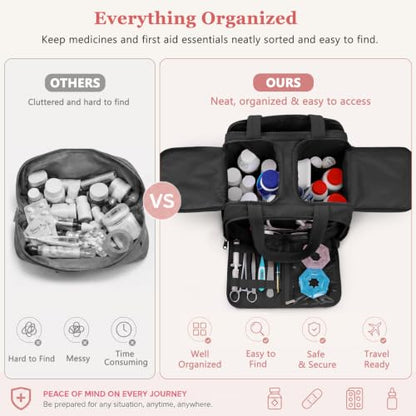 Travel Medicine Storage Bag with 2 Compartments, Wide-Mouth Medical Organizer, Puffy Lightweight First Aid Bag for Prescription Bottles, Pill Cases, Medical Supplies & Family Emergency Essentials - color: Black