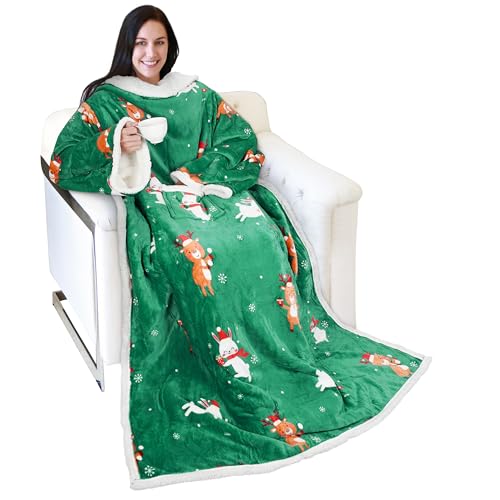 Catalonia Sherpa Wearable Blanket with Sleeves and Pocket for Adults - color: Ribbit Deer Green, size: Standard Pocket