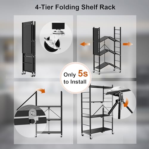 Himix 4-Tier Foldable Storage Shelf with Wheels 20 Hooks Black No Assembly - color: Black, size: 4-Tier