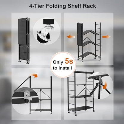 Himix 4-Tier Foldable Storage Shelf with Wheels 20 Hooks Black No Assembly - color: Black, size: 4-Tier