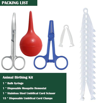 Animal Birth Kit with Curved Scissors | Disposable Umbilical Clamps, Hemostat, Bulb Syringe | Safe Delivery for Puppies, Kittens, Lambs, Piglets & Calves (Farm & Home Use) (Red - Rubber) - color: Red - Rubber