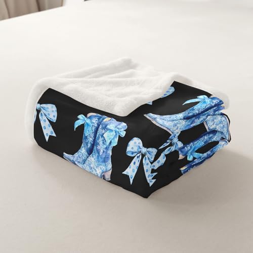 Erosebridal Blue Bow Fleece Blanket Cute Bows Sherpa Blanket Baby 30"X50" Western Cowboy Boots Fuzzy Plush Throw for Kids Boyd Girls Teens Cowgirl Polka Bowknot Throw Blankets - color: Black Blue, size: Baby