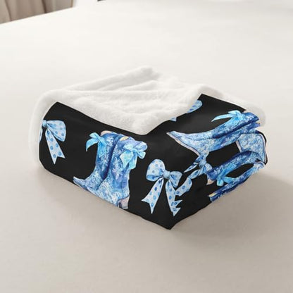 Erosebridal Blue Bow Fleece Blanket Cute Bows Sherpa Blanket Twin 60"X80" Western Cowboy Boots Fuzzy Plush Throw for Kids Boyd Girls Teens Cowgirl Polka Bowknot Throw Blankets - color: Black Blue, size: Twin