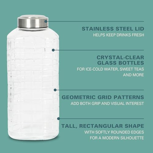 Gibson Home Whistler Peak 2 Pack 64 OZ (1.9 Liters) Large Embossed Reusable Glass Bottles w/Airtight Leakproof Stainless Steel Lid, Pitcher for Water, Milk, Juice - Dishwasher Safe - color: Whistler Peak (64oz), size: 64 Ounces