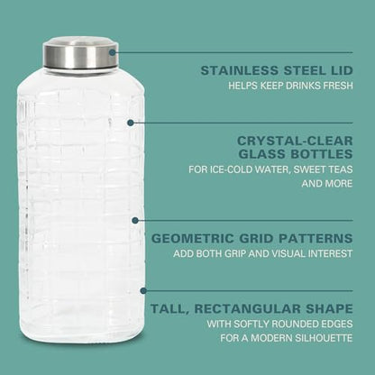 Gibson Home Whistler Peak 2 Pack 64 OZ (1.9 Liters) Large Embossed Reusable Glass Bottles w/Airtight Leakproof Stainless Steel Lid, Pitcher for Water, Milk, Juice - Dishwasher Safe - color: Whistler Peak (64oz), size: 64 Ounces