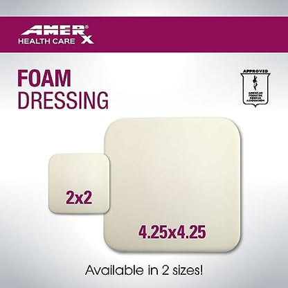 AMERX Foam Dressing - Wound Dressing Pads - Waterproof Barrier - Breathable, Self-Adhesive Border - 12 Count Per Box - size: 4.25" x 4.25" Pad