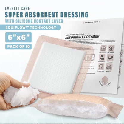 EVERLIT Silicone Super Absorbent Dressing | Sterile Adhesive Bandage Pad for High Absorbency & Reduced Skin Maceration | Fast Healing Advanced Wound Care for Heavily Exudating Wound (6" x 6") - size: 6" x 6"