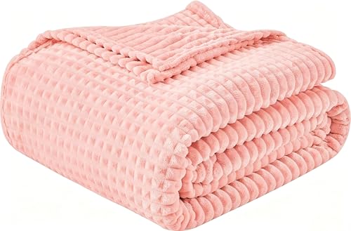 EMME Fleece Blanket Twin Size Luxury Flannel for Couch Bed Sofa Chair, Soft, Plush, Warm and Cozy Blanket with Geometric Grid Design (Pink, 60'' x 80'') - color: 14-grid-pink, size: Twin
