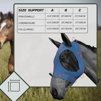 1 Pcs Elastic Fly Masks for Horses with Ears(Blue), Comfortable Cashel Mesh Fly Mask Elasticity Breathability UV Protection Horse Face Covering for Riding Supplies - size: Blue-Cob(M)