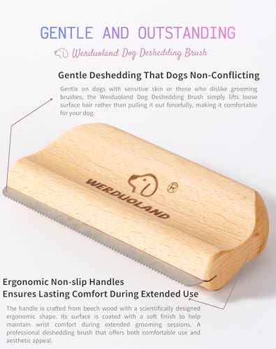 Deshedding Brush for Dogs and Cats, Wooden Ergonomic Handle | For short, long, double-coated dogs and cats. Gently removes loose undercoat without scratching. Wooden ergonomic grip. - color: natural