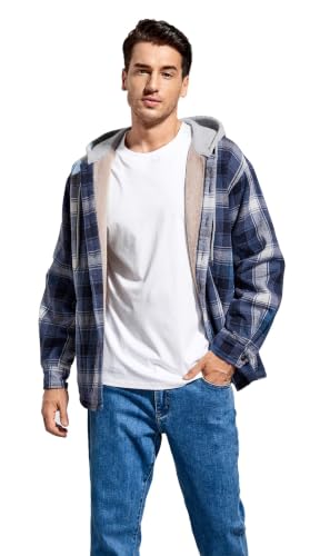 Men's Cotton Plaid Shirt Jacket Fleece Flannel Sherpa Button Down - color: Blue Block, size: Small