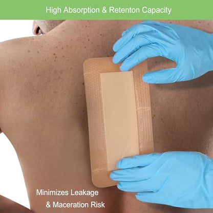 NeuHeils Silicone Super Absorbent Wound Dressing 4''x8'' 10 Pks, 2x6in Pad | Pressure Ulcers, Bedsores, Post-surgical Wounds and Cuts, Soft Gauze Island Dressing, Waterproof Bandage for Heavy Exudate - size: 4''x8''(10 Packs)