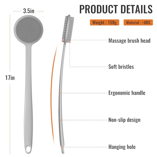 Silicone Back Scrubber for Shower, 17in Lengthen Long Handle Body Brush, Double Sided Shower Brush for Shower Exfoliating and Massage Can Produce Rich Foam, Long Handle Back Scrubber for Men - color: Gray