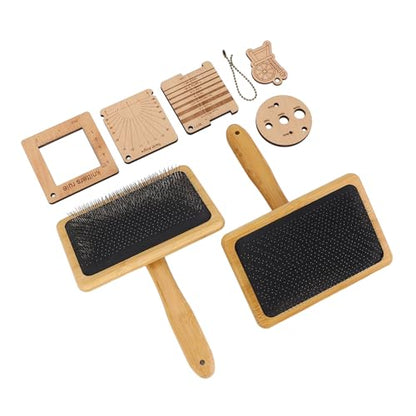 Wooden Knitting Gauge Set, 8 Piece Knitting Tool Set, Wood Blending Board Carding Brush Set with, Wooden Wool Carder Hand Carders for Needle Felting Supplies for Dogs Weaving