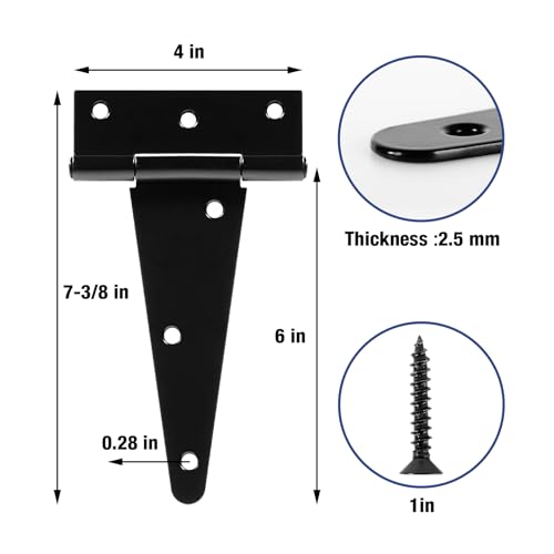 TDCHINGES T Strap Black Gate Door Hinges 6 Inch for Wood Shed 2.5mm 4 Pack - size: 4Pack-6inch