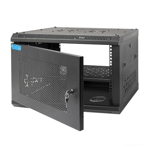 6U Wall Mount Server Cabinet with A Lockable Front Vented Door, Cooling Fans, Removable Side Panels - 60cm Depth, 19" Network Rack Including Full-Size Rack Shelf for IT Equipment - size: 6U/600mm Depth