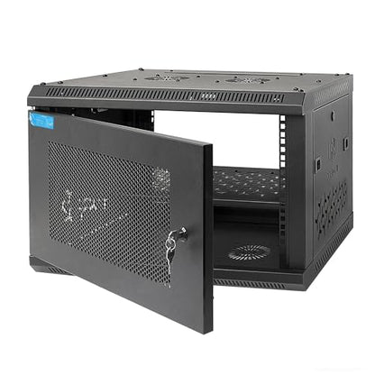 6U Wall Mount Server Cabinet with A Lockable Front Vented Door, Cooling Fans, Removable Side Panels - 60cm Depth, 19" Network Rack Including Full-Size Rack Shelf for IT Equipment - size: 6U/600mm Depth