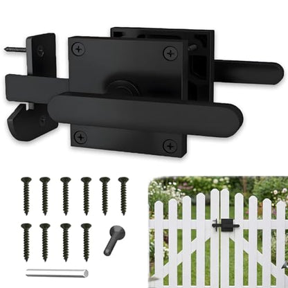 Double Sided Gate Latch Aluminum, Heavy Duty Black Fence Gate Latch with Handles, Rust Proof Surface Mount Lock for Left Right Inswing Wooden Gates, Backyard Garden Shed (Right)