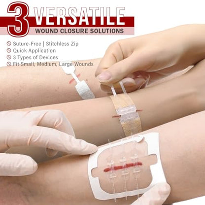 EVERLIT CARE Wound Closure Kit | 28 Pcs All-in-One First Aid with Suture-Free, Stitchless Zip Devices, Butterfly Bandages, for up to 6" Wounds | 100% Sterile Medical Supplies to Clean, Cover & Heal