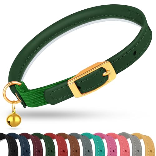 OOPSDOGGY Rolled Leather Cat Collar with Bell - Reflective Kitten Collar with Safety Elastic Strap - Adjustable Small Pet Collars for Boy Girl Cats (Green) - color: Green