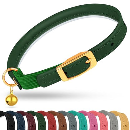 OOPSDOGGY Rolled Leather Cat Collar with Bell - Reflective Kitten Collar with Safety Elastic Strap - Adjustable Small Pet Collars for Boy Girl Cats (Green) - color: Green