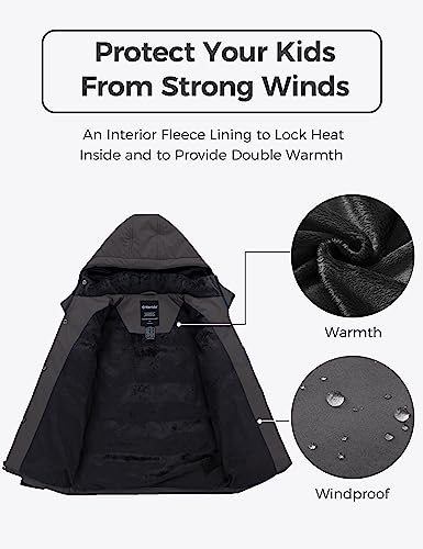 wantdo Boys Puffy Winter Coats Fleece-Lined Snow Jackets Removable Hood | Elastic Cuffs, Hook-and-Loop Collar, Windproof, Machine Washable - color: Dark Gray, size: 8-9