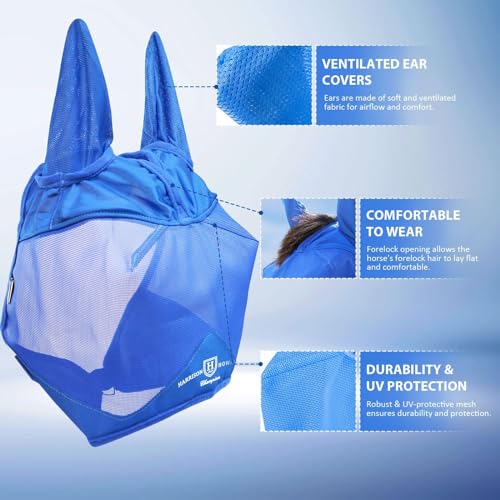 Harrison Howard UV-Proof Multi-Function Fabrics Thick Fleece Padding Horse Fly Mask Half Face with Ears Signature Blue Arabian Medium - color: Signature Blue, size: Medium (Arabian)