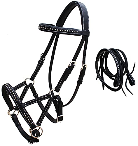 Horse Western Leather Tack Studded Bitless Sidepull Bridle Reins 77RS03 - color: Black