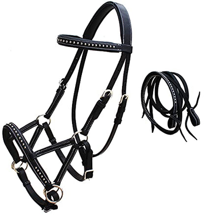 Horse Western Leather Tack Studded Bitless Sidepull Bridle Reins 77RS03 - color: Black