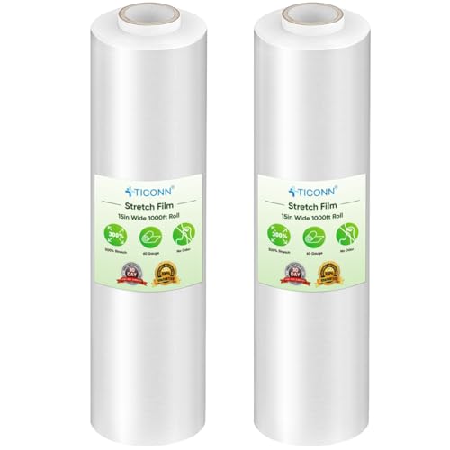 TICONN Stretch Wrap Roll, 15 in x 1000 ft Plastic Wrap for Moving Furniture | Odorless Industrial Strength Stretch Film, 300% Stretchability, Self-Adhering, Ideal for Furniture, Box Protection - style: 15''-2PK Clear (No handle)