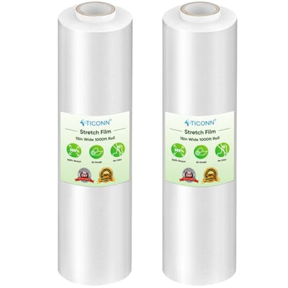 TICONN Stretch Wrap Roll, 15 in x 1000 ft Plastic Wrap for Moving Furniture | Odorless Industrial Strength Stretch Film, 300% Stretchability, Self-Adhering, Ideal for Furniture, Box Protection - style: 15''-2PK Clear (No handle)