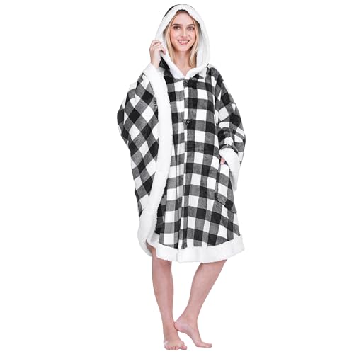 PAVILIA Hooded Blanket Poncho Fleece Wearable Shawl Wrap Throw, Plaid White | Fleece Shawl Wrap with Hood, Adult Wearable Blanket, Cozy Warm Poncho Cape Throw with Pockets, Gift for Elderly Mom - color: Checker White