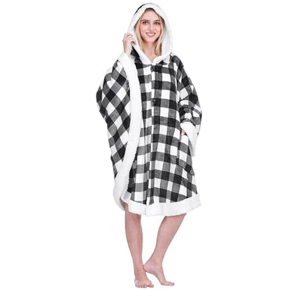 PAVILIA Hooded Blanket Poncho Fleece Wearable Shawl Wrap Throw, Plaid White | Fleece Shawl Wrap with Hood, Adult Wearable Blanket, Cozy Warm Poncho Cape Throw with Pockets, Gift for Elderly Mom - color: Checker White
