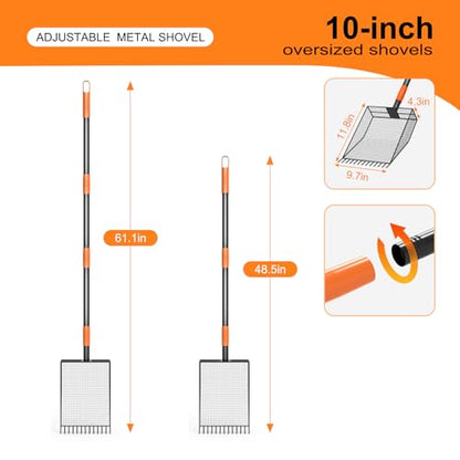 2-in-1 Chicken Poop Scooper & Rake, Heavy Duty Metal Long Handle Poultry Coop Cleaning Tool, Rustproof Manure Shovel with Serrated Edge for Backyard Chicken Ducks