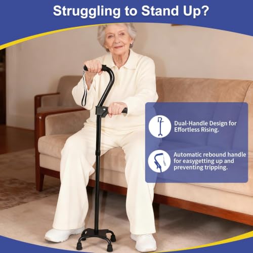 Stand Secure Cane with Stand Up Assist Handle for Elderly, 4 Prong Adjustable Walking Canes for Seniors Women and Men, Non-Slip Wide Base, Aluminum Foldable Stand Cane - color: Black