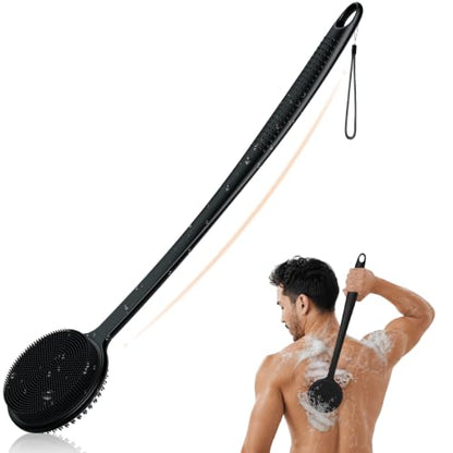 Silicone Back Scrubber for Shower, 17in Lengthen Long Handle Body Brush, Double Sided Shower Brush for Shower Exfoliating and Massage Can Produce Rich Foam, Long Handle Back Scrubber for Men - color: Black