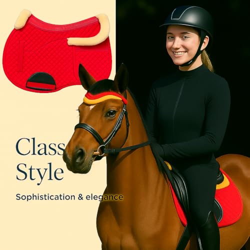 Universal English Saddle Pad with Adjustable Shims, Faux Shearling Trim, Plush Faux Wool, 3D Cooling & Non-Slip Tech. Ideal for Dressage, Jumping & Training. Machine Washable - color: Red