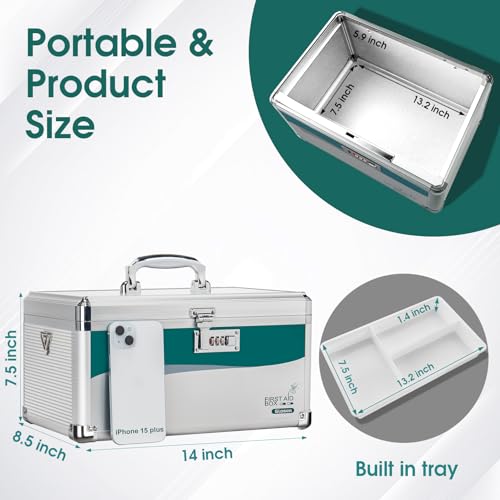 Glosen Medicine Lock Box with Code, 2-Layer Aluminum Alloy Medicine Organizer Box with Removable Tray, Portable Medication Lock Box with Shoulder Strap for Home Safety, Travel & Office (14x8.5x7.5In) - size: Large-14in