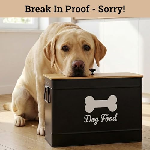 Metal Dog Food Container 15-20 lbs w/ Airtight Bamboo Lid, 70 Cup Capacity - color: Black