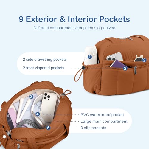TOPDesign Travel Duffel Bag for Women, Puffer Gym Bag Sports Tote with Wet Pocket, Carry On Weekender with Luggage Sleeve (Brown) - color: Brown