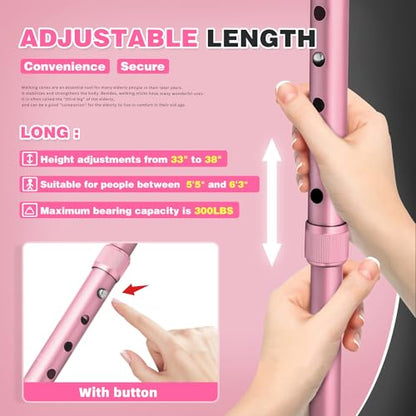 BigAlex Folding Walking Cane with LED Light,Pivoting Quad Base,Adjustable Walking Stick with Carrying Bag for Men/Women - color: Pink(5'5"-6'3")
