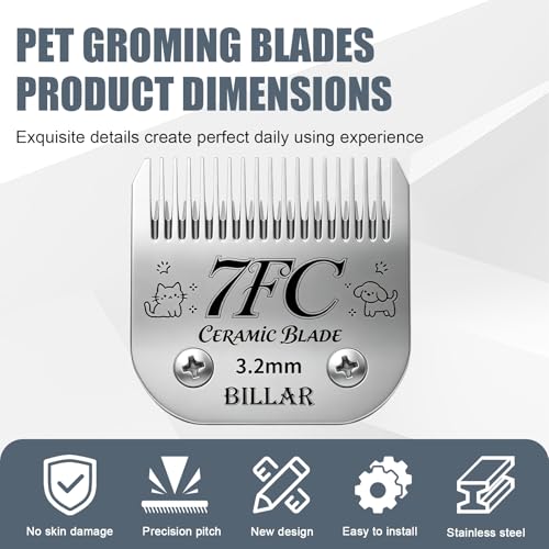 BILLAR® Detachable Pet Dog Grooming Clipper Ceramic Blade Sets,Compatible with Andis Size 7FC Cut Length 1/8"(3.2mm),Compatible with andis/Oster A5/Wahl KM10 Series Clippers（3 Pack） - size: 7FC-3PACK