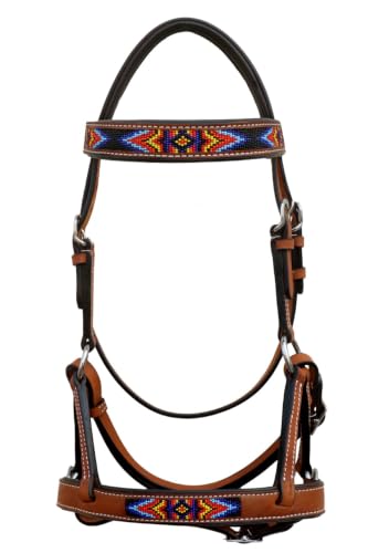 Horse Western Tan Leather Padded Bitless Training Sidepull Bridle Reins - color: Tan Beaded